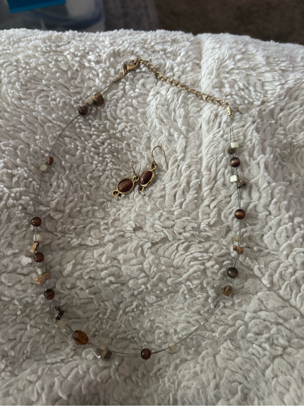 Gold-Tone Brown Bead Necklace with Matching Earrings